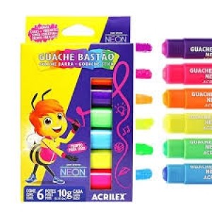 TINTA GUACHE EM BASTÃO NEON 6 CORES ACRILEX