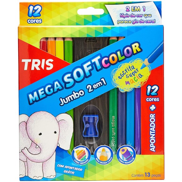 LÁPIS DE COR JUMBO 2 EM 1 - 12 CORES + APONTADOR - TRIS